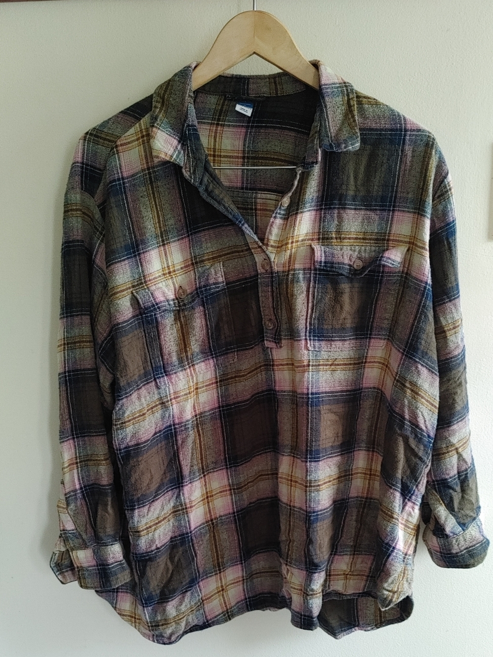 Old Navy Maternity Plaid Shirt in Brown, Pink, Yellow, Cream